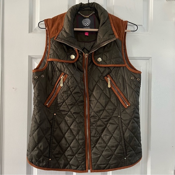 Vince Camuto Puffer Vest Green Brown Gold Accent - Picture 10 of 11